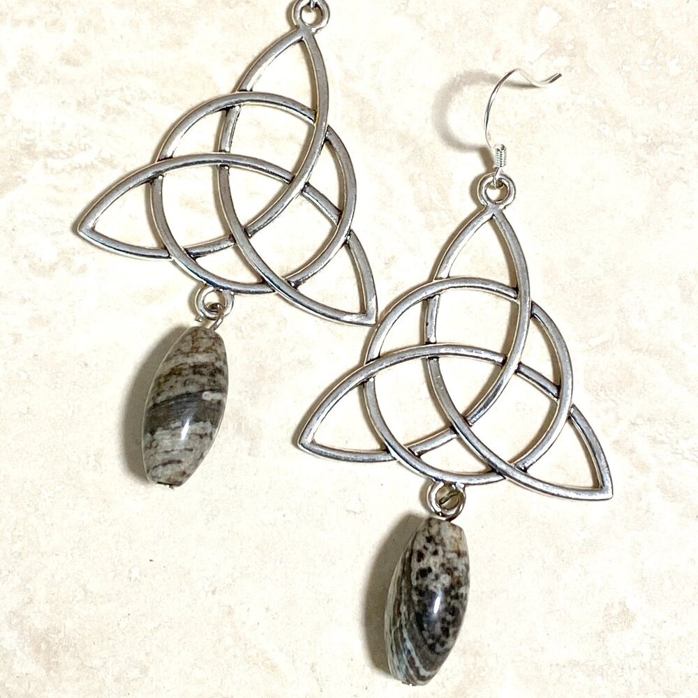 2/$20, Genuine Earthy Picasso Stone Trinity Sterling Silver Dangle Earrings
